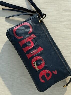 Vintage Chloé Navy Leather Logo Multi Zip Wristlet Clutch